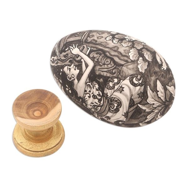 Alternate image for Hand-Painted Wood Egg Sculpture with Hindu Theme Praying Ladies