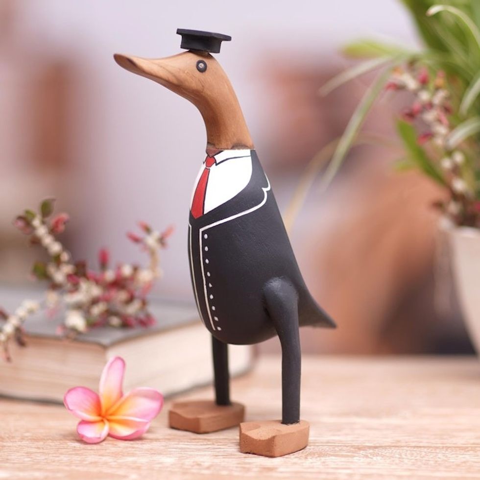 Hand-Crafted Bamboo Root and Teak Wood Student Duck Figurine 'Fresh Out of Ivy League'