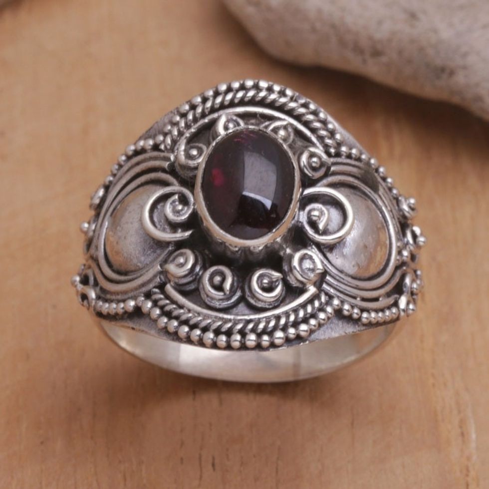 Sterling Silver and Garnet Cocktail Ring from Bali 'Majestic Red Love'