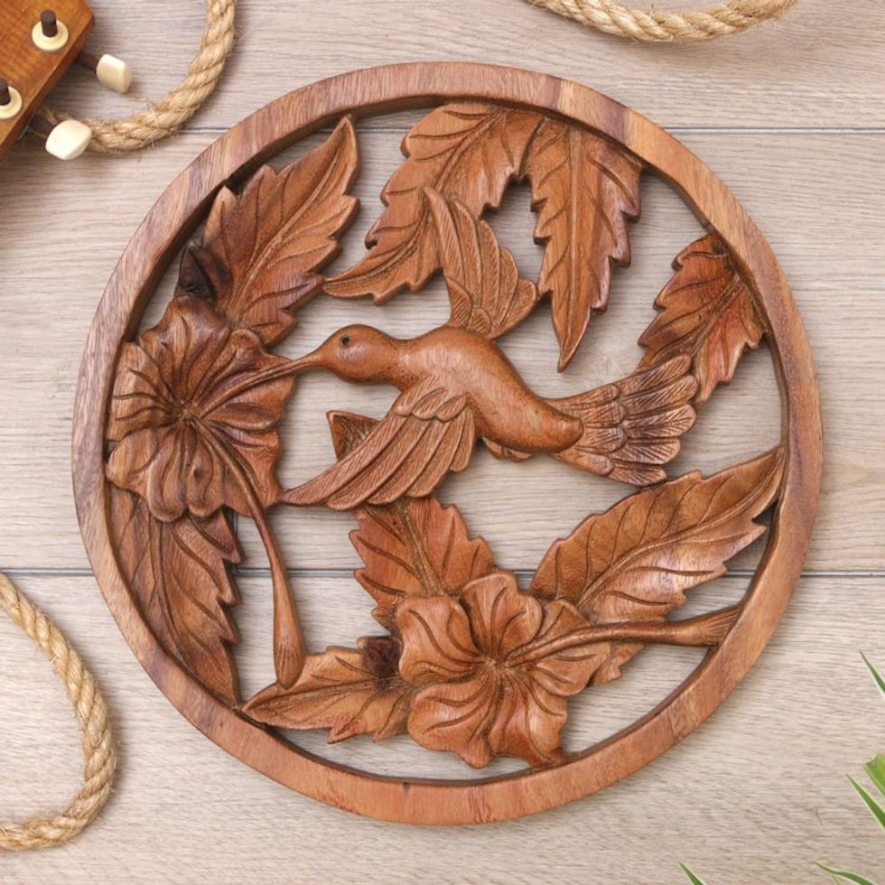 Balinese Hand-Carved Hummingbird Suar Wood Relief Panel 'Floral Hummingbird'