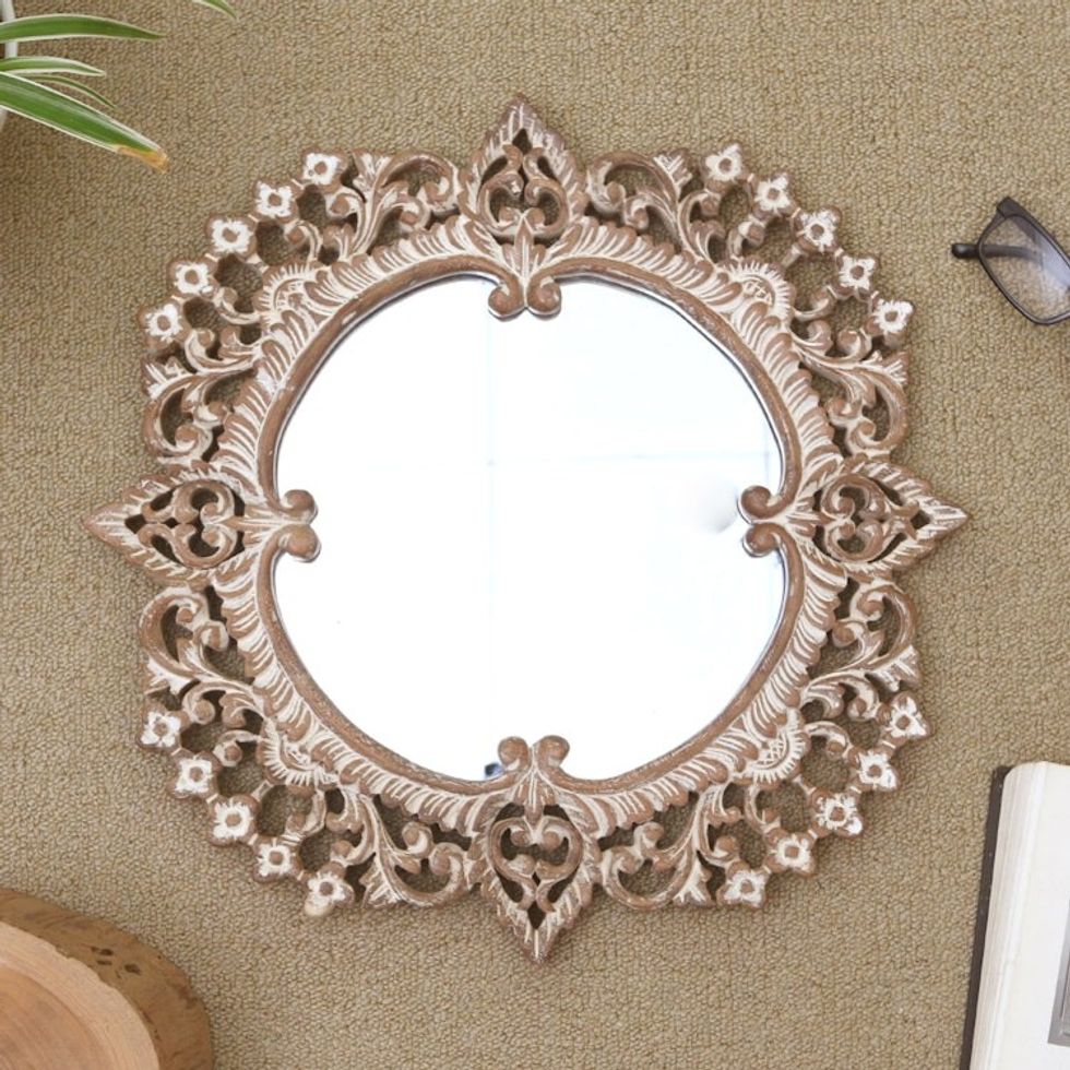 Hand-Carved Wood Floral Wall Mirror from Bali 'Blooming Flourish'