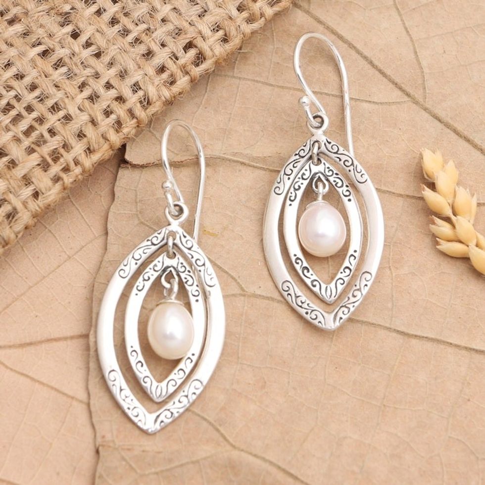 Balinese Cultured Pearl and Sterling Silver Dangle Earrings 'Rare Entity'