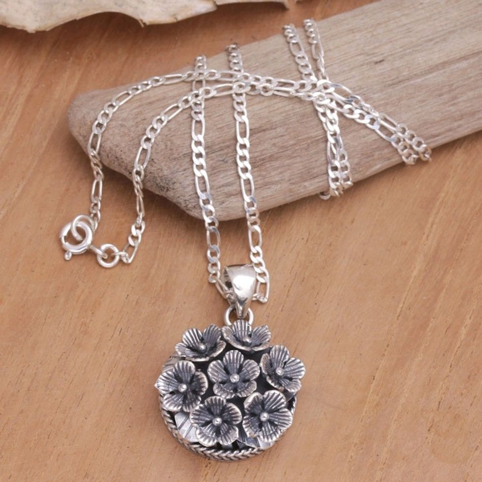 Balinese Sterling Silver Pendant Necklace with Floral Motifs 'Flowers for Canang'