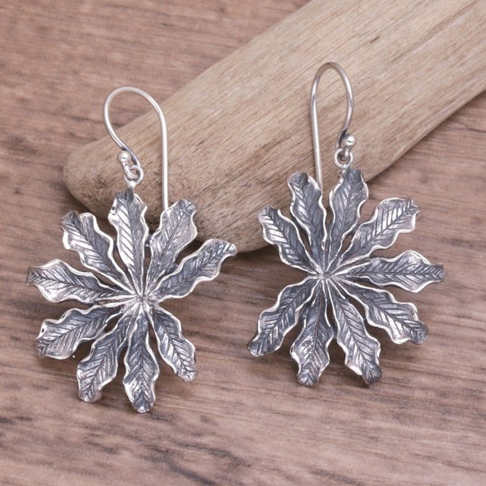 Balinese Sterling Silver Dangle Earrings with Palm Leaves 'Sugar Palm'