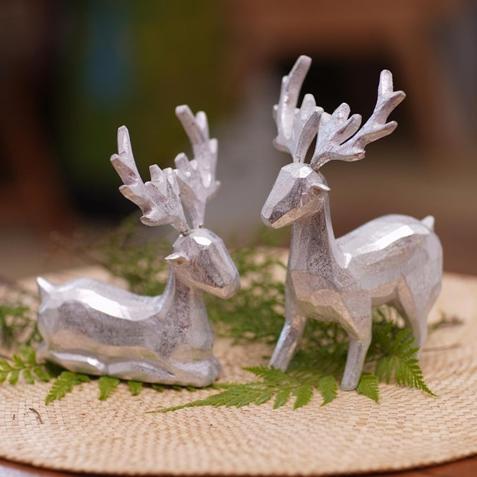 Pair of Holiday Reindeer Wood Figurines Handcrafted in Bali 'Silver Reindeer'