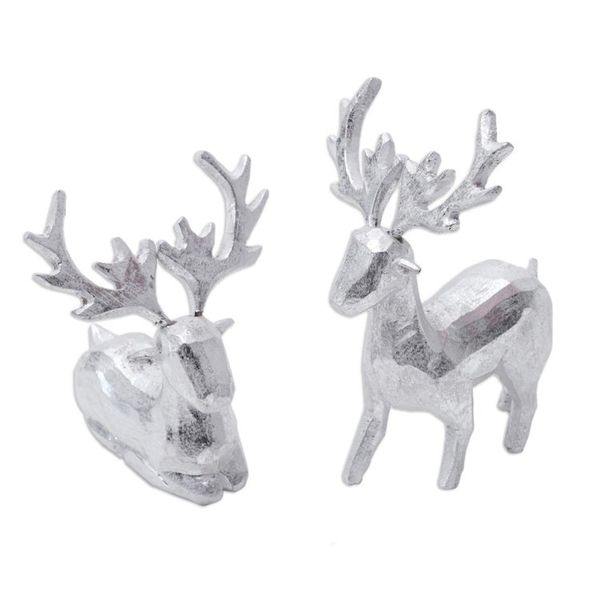Alternate image for Pair of Holiday Reindeer Wood Figurines Handcrafted in Bali Silver Reindeer