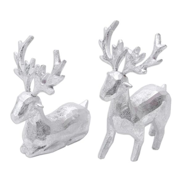Alternate image for Pair of Holiday Reindeer Wood Figurines Handcrafted in Bali Silver Reindeer