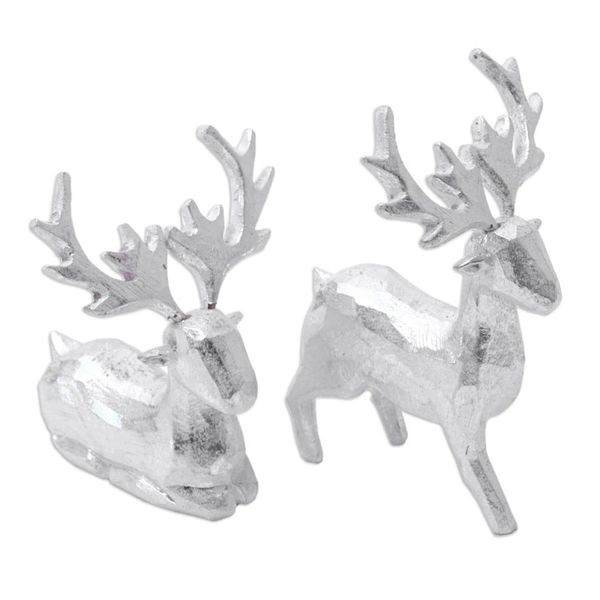 Alternate image for Pair of Holiday Reindeer Wood Figurines Handcrafted in Bali Silver Reindeer