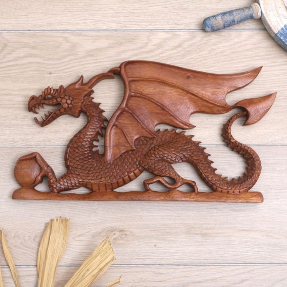Hand-Carved Suar Wood Relief Panel with Dragon 'Ancestral Dragon'