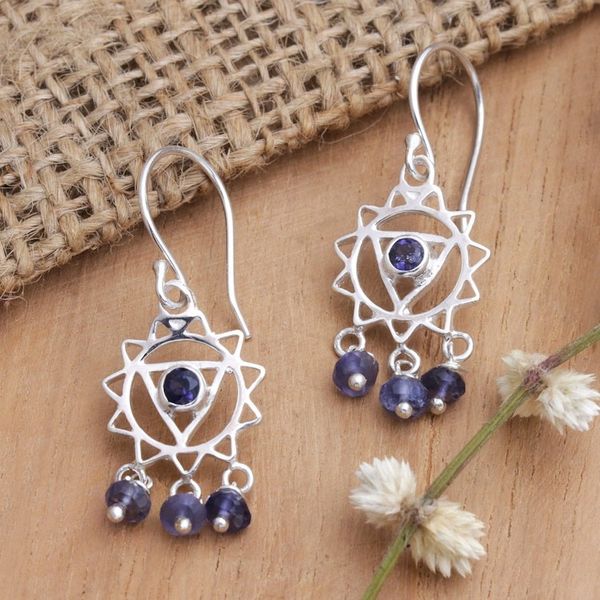 Alternate image for Chakra Themed Sterling Silver and Iolite Dangle Earrings Violet Sun