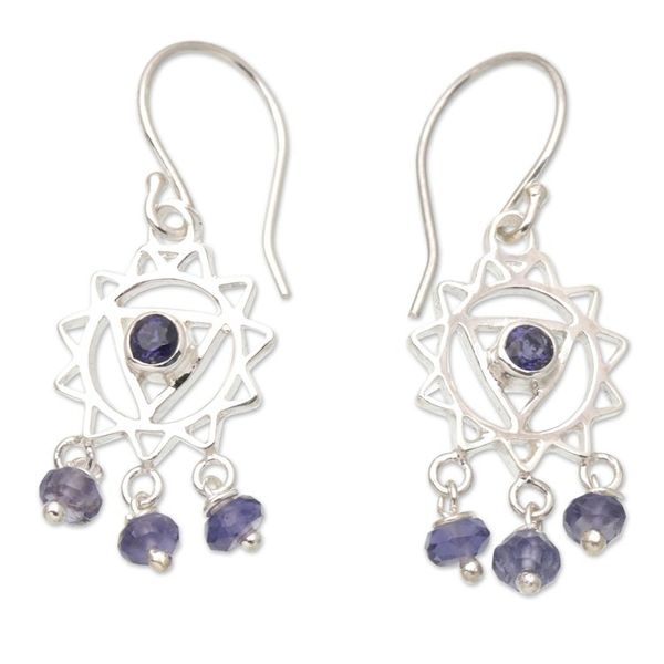 Alternate image for Chakra Themed Sterling Silver and Iolite Dangle Earrings Violet Sun