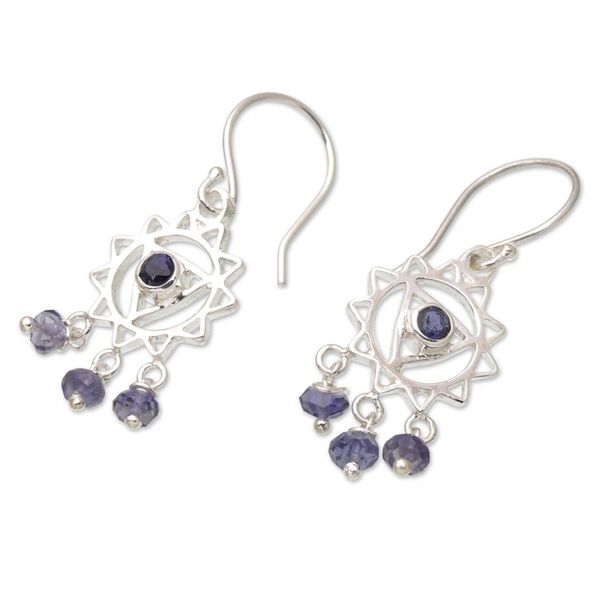 Alternate image for Chakra Themed Sterling Silver and Iolite Dangle Earrings Violet Sun