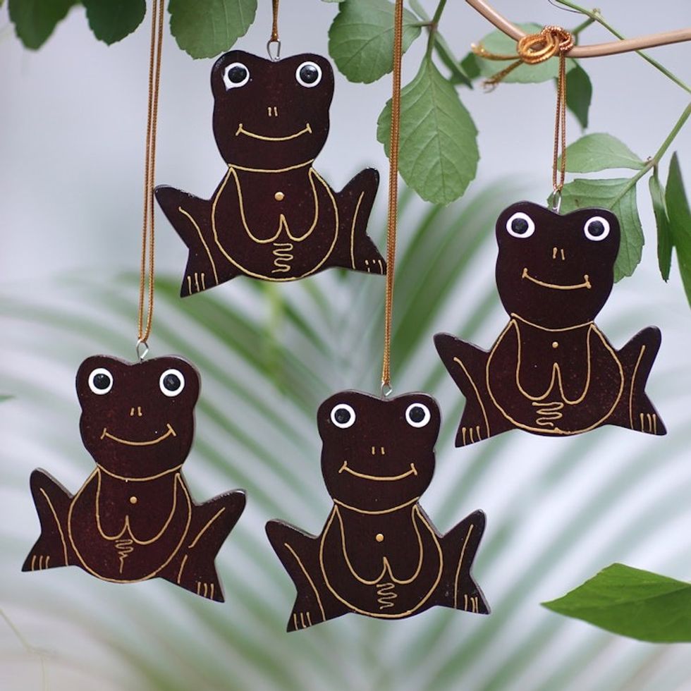 Set of 4 Handmade Mahogany Wood Frog Ornaments from Bali 'Merry Frogs'