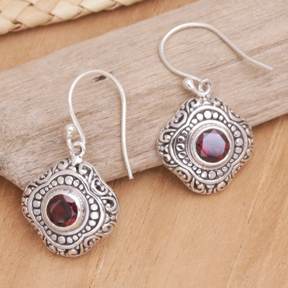 Balinese Sterling Silver Dangle Earrings with Garnet Stones 'Red Lovely Touch'