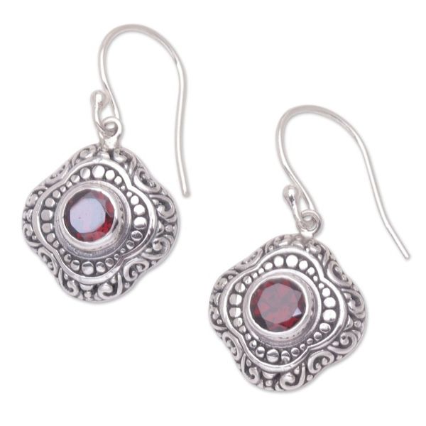 Alternate image for Balinese Sterling Silver Dangle Earrings with Garnet Stones Red Lovely Touch