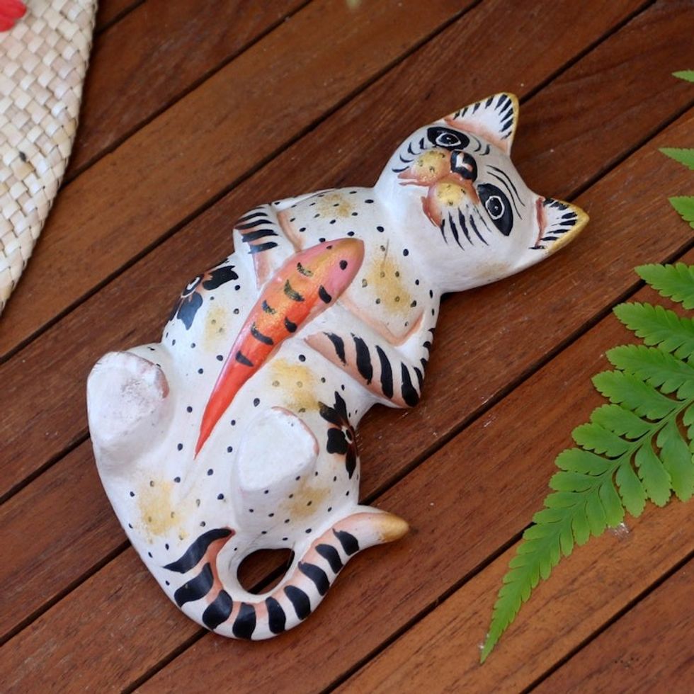 Hand Crafted Suar Wood Cat Statuette 'Cat and Koi'