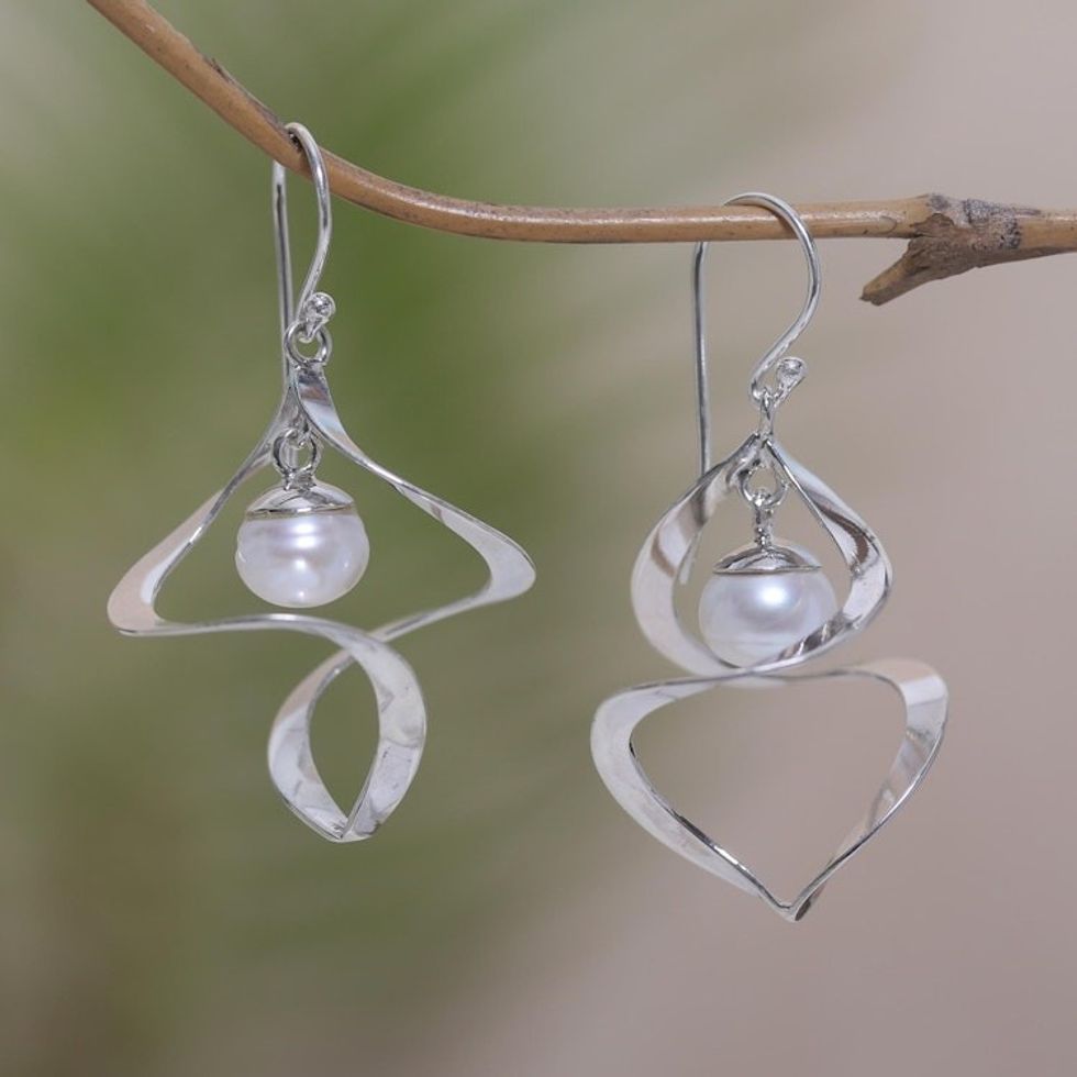 Sterling Silver and Cultured Peach Pearl Dangle Earrings 'Winter Whirl'