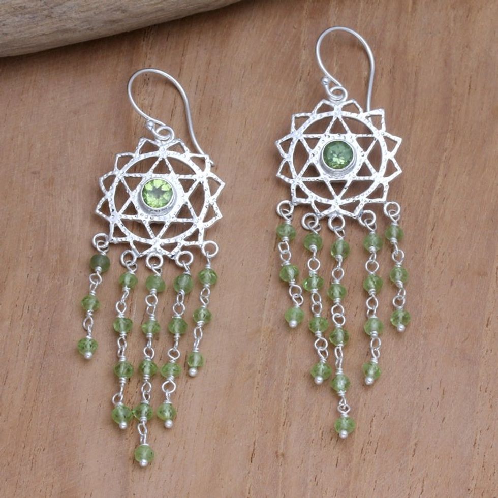 Handmade Sterling Silver and Peridot Dangle Earrings 'Renewed Heart'