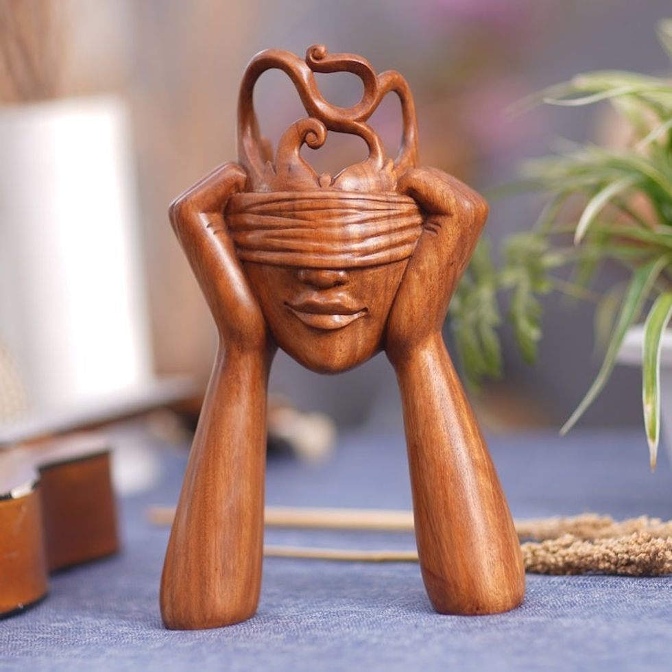 Artisan Crafted Suar Wood Statuette from Bali 'Surprising You'