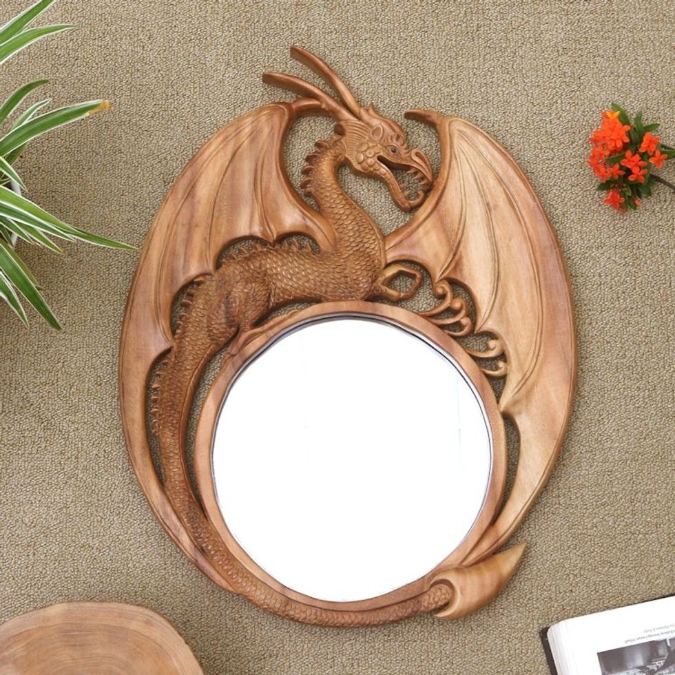 Hand-carved Wood Dragon Wall Mirror from Bali 'Mysterious Dragon'