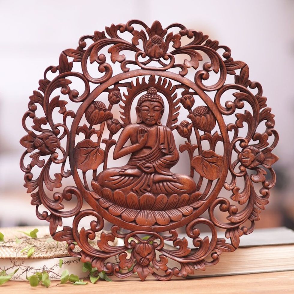 Brown Suar Wood Leafy Relief Panel of Sage Buddha 'Vitarka Sage'