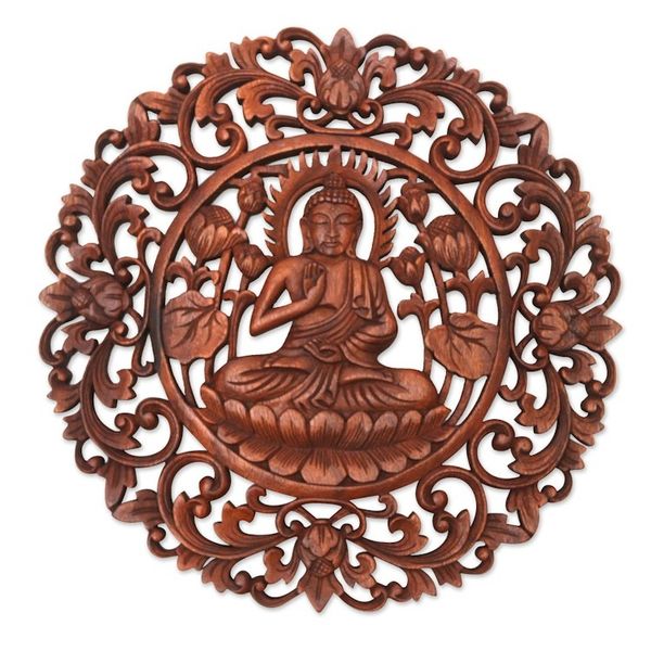 Alternate image for Brown Suar Wood Leafy Relief Panel of Sage Buddha Vitarka Sage