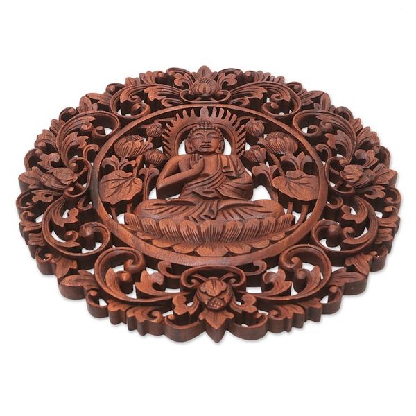 Alternate image for Brown Suar Wood Leafy Relief Panel of Sage Buddha Vitarka Sage
