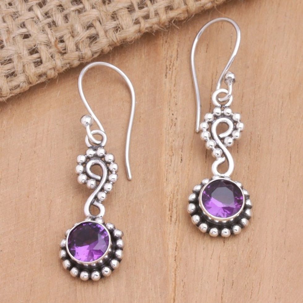 Sterling Silver Dangle Earrings with Faceted Amethyst Stones 'Purple Eyes'