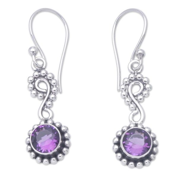 Alternate image for Sterling Silver Dangle Earrings with Faceted Amethyst Stones Purple Eyes