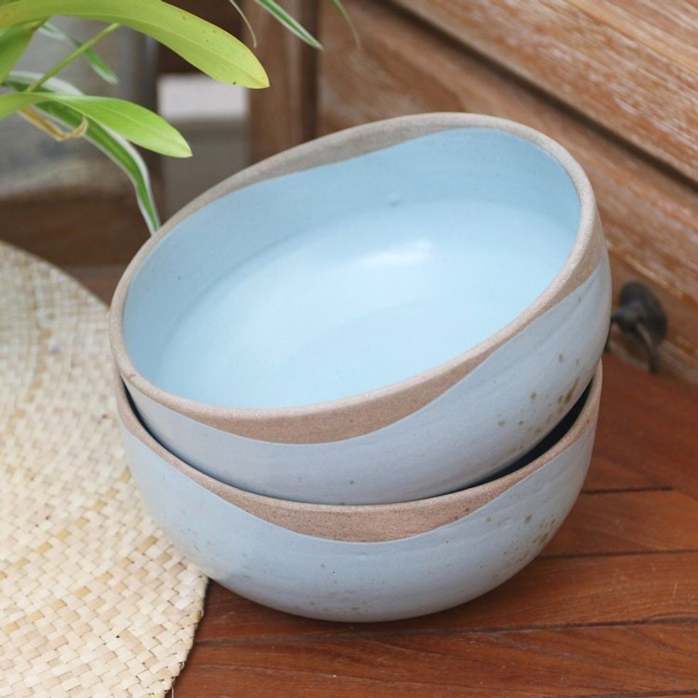 Rustic Ceramic Bowls from Java Pair 'Blue Bounty'