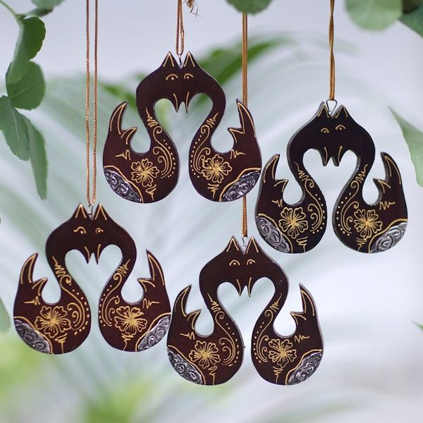 Alternate image for Set of 4 Mahogany Wood Swan Ornaments from Bali Little Loving Swans
