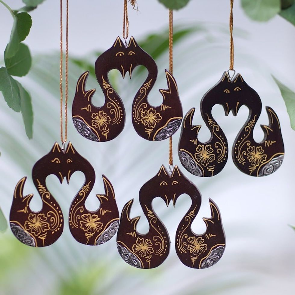 Set of 4 Mahogany Wood Swan Ornaments from Bali 'Little Loving Swans'