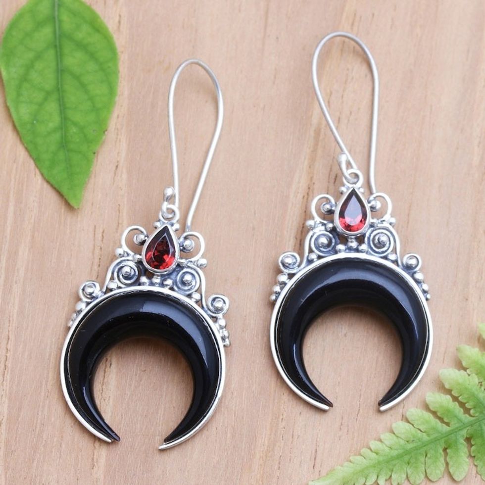 Artisan Crafted Horn Earrings with Garnets 'Gianyar Crescents'