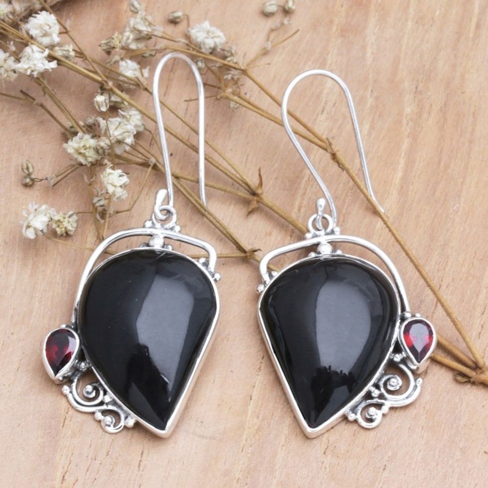 Balinese Horn Garnet and Sterling Silver Dangle Earrings 'Black Soul'