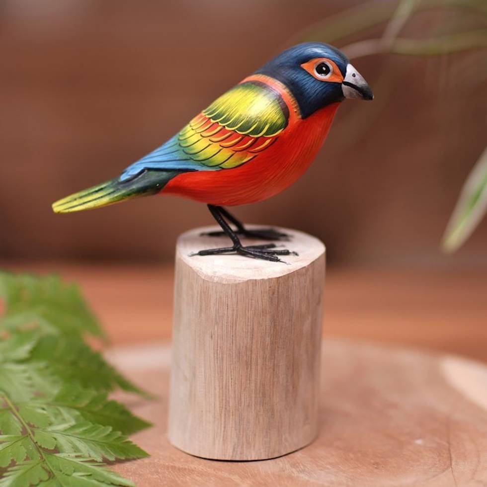 Handcrafted Bird Sculpture from Java 'Painted Bunting'