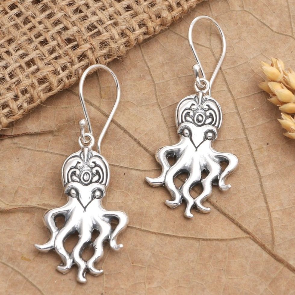 Sterling Silver Dangle Earrings with Octopus Motif 'Deep Sea Spirit'