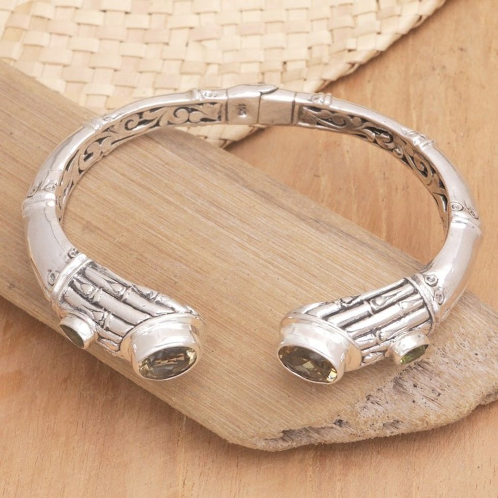 Sterling Silver Cuff Bracelet with Citrine and Peridot Gems 'Precious Bamboo'