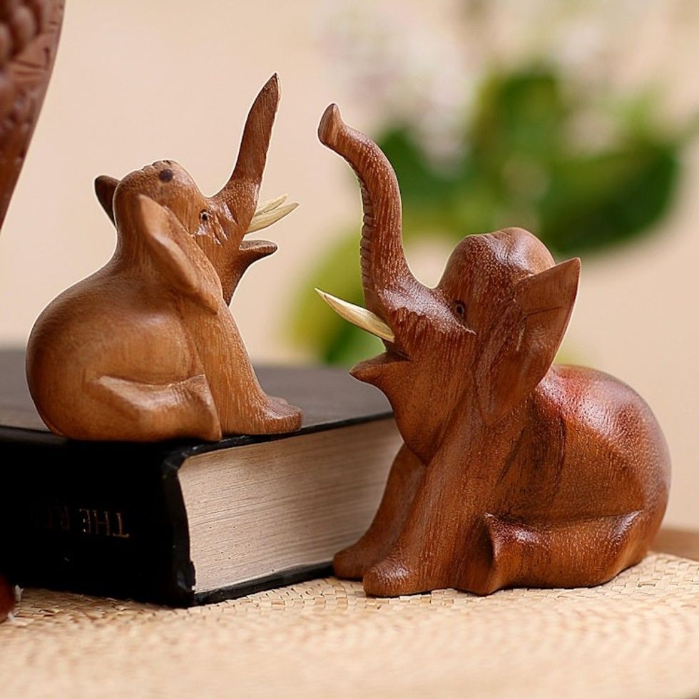 Hand Carved Suar Wood Elephant Statuettes Pair 'Play Date'