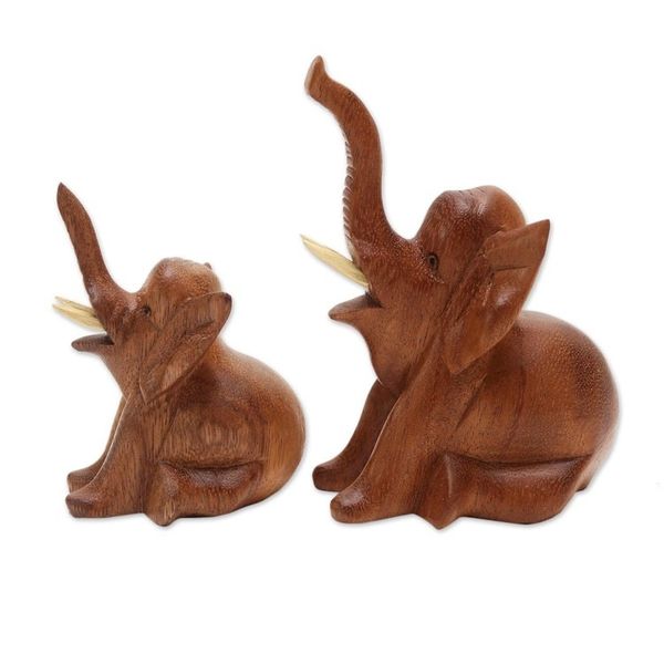Alternate image for Hand Carved Suar Wood Elephant Statuettes Pair Play Date