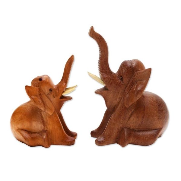 Alternate image for Hand Carved Suar Wood Elephant Statuettes Pair Play Date