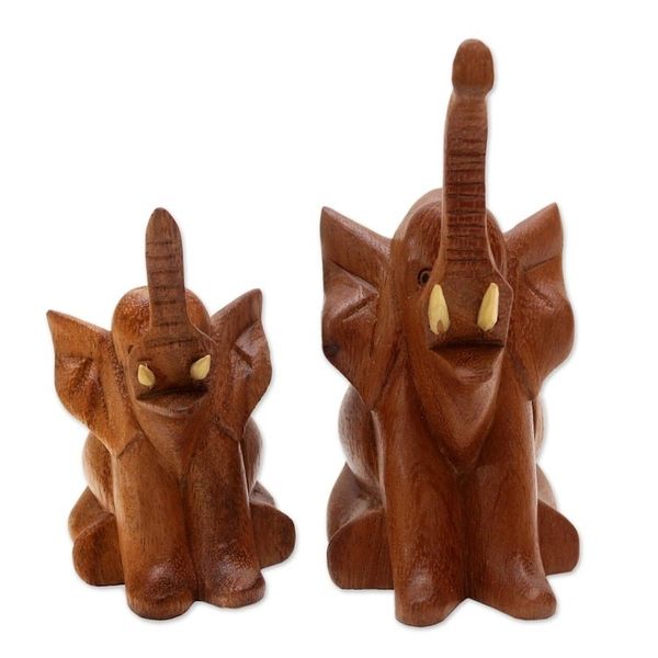 Alternate image for Hand Carved Suar Wood Elephant Statuettes Pair Play Date
