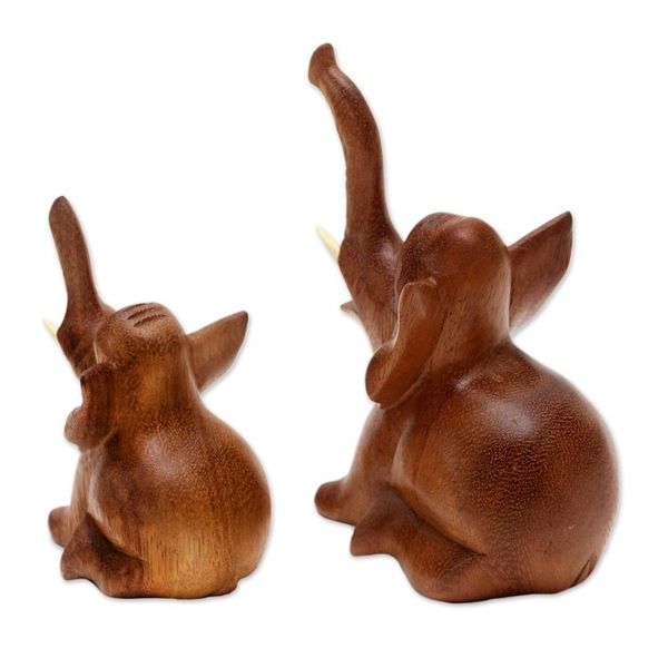Alternate image for Hand Carved Suar Wood Elephant Statuettes Pair Play Date