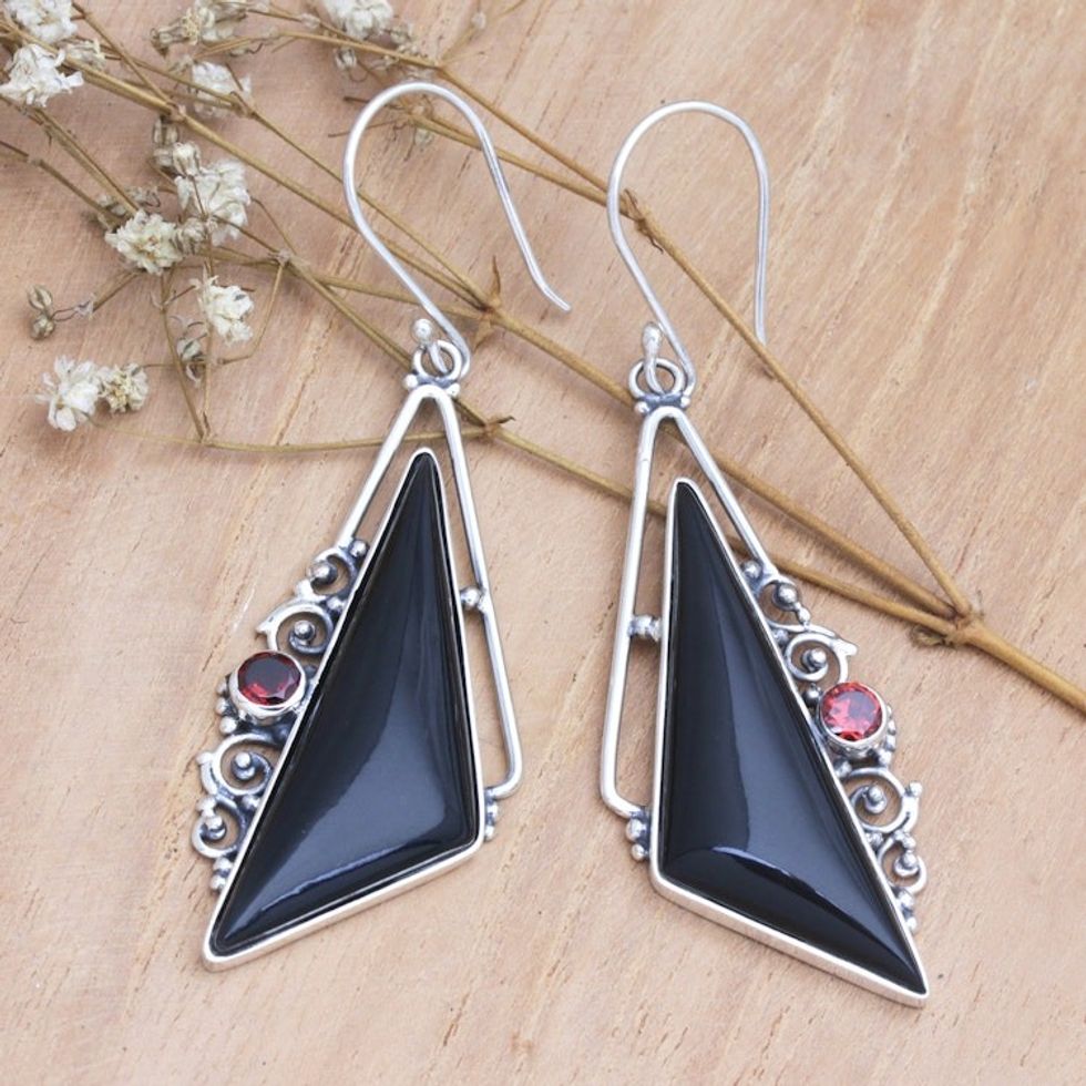 Horn Garnet and Sterling Silver Triangle Dangle Earrings 'Nocturnal Shapes'