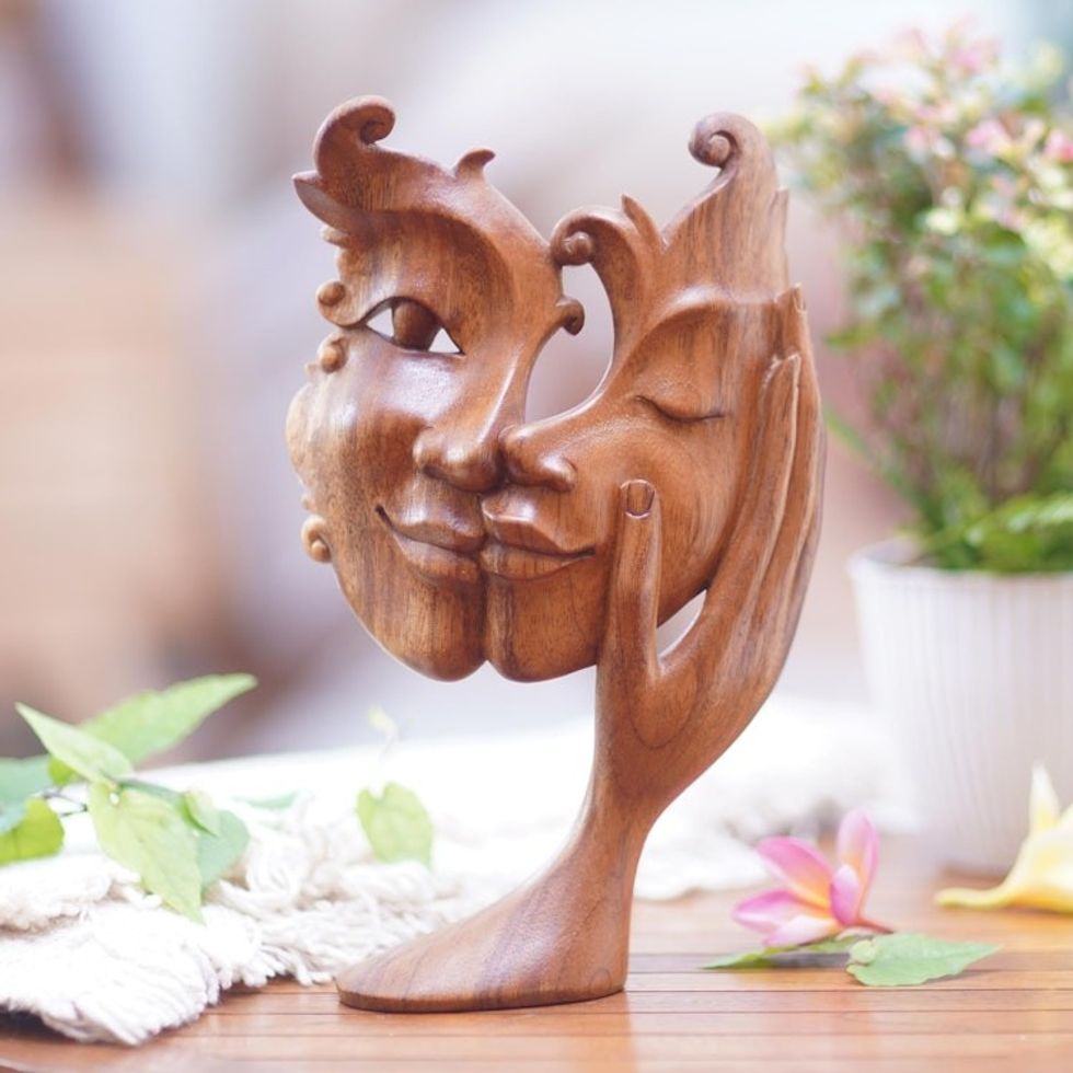 Suar Wood Brown Sculpture Hand-Carved in Bali 'Lovely Sisterhood'