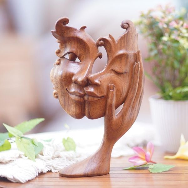 Alternate image for Suar Wood Brown Sculpture Hand-Carved in Bali Lovely Sisterhood