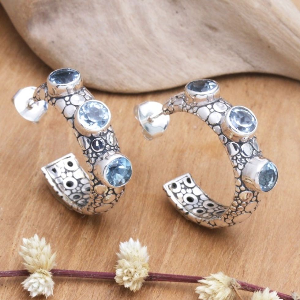 Traditional Half-Hoop Earrings with 3-Carat Blue Topaz Gems 'Sea Trinity'