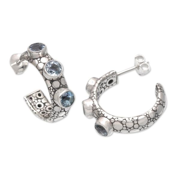 Alternate image for Traditional Half-Hoop Earrings with 3-Carat Blue Topaz Gems Sea Trinity