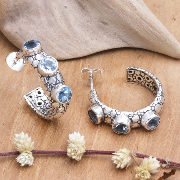 Alternate image for Traditional Half-Hoop Earrings with 3-Carat Blue Topaz Gems Sea Trinity