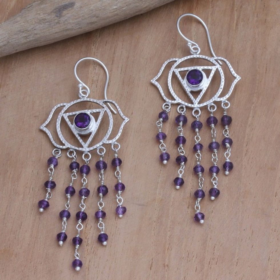 Sterling Silver and Amethyst Dangle Earrings from Bali 'Open Your Eye'