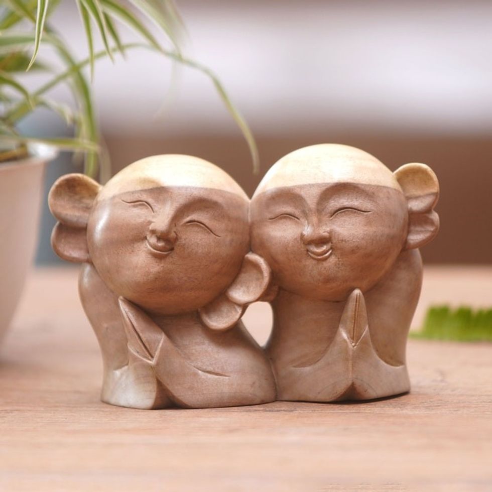 Artisan Crafted Wood Sculpture 'Twin Jizo'